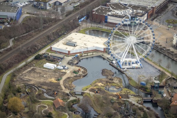 Aerial view, CentrO Oberhausen, CentrO Ferris wheel at the canal, LEGOLAND® Discovery Centre, Borbeck, Oberhausen, Ruhr area, North Rhine-Westphalia, Germany, DE, Europe, aerial view, aerial photography, aerial photography, overview, bird's-eye view, overview