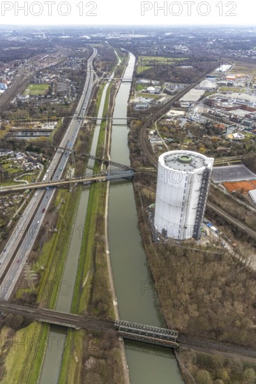 Aerial view, gasometer renovation measures, covered gasometer at CentrO, Rhine-Herne Canal. River Emscher, Borbeck, Oberhausen, Ruhr area, North Rhine-Westphalia, Germany, DE, Europe, industrial monument, culture, art, aerial view, aerial photography, aerial photography, overview, events, venue, event location, event centre, bird's eye view, birds-eyes view, cultural use, overview