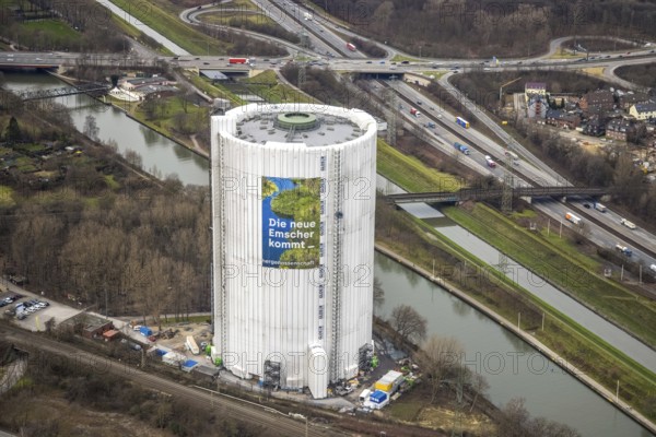 Aerial view, gasometer renovation measures, covered gasometer at CentrO, Rhine-Herne Canal. River Emscher, Borbeck, Oberhausen, Ruhr area, North Rhine-Westphalia, Germany, DE, Europe, industrial monument, culture, art, aerial view, aerial photography, aerial photography, overview, events, venue, event location, event centre, bird's eye view, birds-eyes view, cultural use, overview