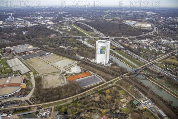 Aerial view, gasometer renovation measures, covered gasometer at CentrO, poster The Emscher is coming, Rhine-Herne Canal. River Emscher, Borbeck, Oberhausen, Ruhr area, North Rhine-Westphalia, Germany, DE, Europe, industrial monument, culture, art, aerial view, aerial photography, aerial photography, overview, events, venue, event location, event centre, bird's eye view, birds-eyes view, cultural use, overview