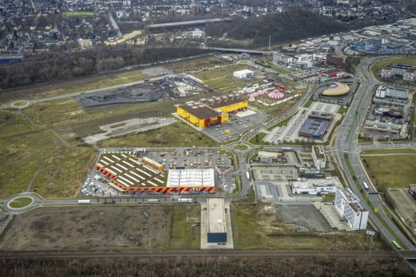 Aerial view, CentrO site, construction site Brammenring, Hornbach Baumarkt, Poco Einrichtungsmarkt, Borbeck, Oberhausen, Ruhr area, North Rhine-Westphalia, Germany, construction work, building, construction area, building site, building plots, construction project, construction site, DE, shopping, shopping centre, shopping markets, shopping square, shopping centre, Europe, aerial view, aerial photography, aerial photography, new building, shopping, shopping centre, overview, bird's eye view, bird's eye view, overview