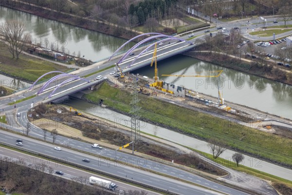 Aerial view, construction site between Rhine-Herne Canal and Emscher, Emscher conversion, bridge Osterfelder Straße, Vondern, Oberhausen, Ruhr area, North Rhine-Westphalia, Germany, DE, Europe, aerial view, aerial photography, aerial photography, overview, bird's-eye view, overview
