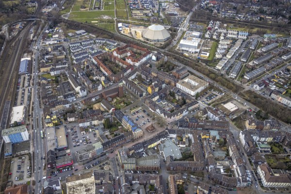 Aerial view, city centre view, market place Osterfeld, garden dome, AMEOS PflegeZentrum Bischof-Ketteler Oberhausen, Osterfeld, Oberhausen, Ruhr area, North Rhine-Westphalia, Germany, DE, Europe, aerial view, aerial photography, aerial photography, market place, nursing home, Rewe supermarket, overview, bird's-eye view, overview