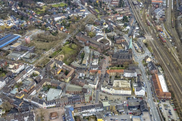 Aerial view, City centre view, St. Pankratius church, Comprehensive school Osterfeld, Catholic clinics Oberhausen St. Marienhospital, Osterfeld, Oberhausen, Ruhr area, North Rhine-Westphalia, Germany, place of worship, DE, Europe, healthcare, religious community, place of worship, holy place, hospital, church, parish, clinic, clinic centre, denomination, hospital, aerial view, aerial photography, aerial photography, medical facility, medical aid, emergency service, religion, religious site, overview, bird's-eye view, bird's-eye view, overview, medical care