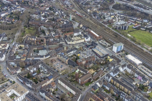 Aerial view, City centre view, Market place Osterfeld, St. Pankratius Church, Catholic Clinics Oberhausen St. Marienhospital, Greek Orthodox Church, Osterfeld, Oberhausen, Ruhr area, North Rhine-Westphalia, Germany, place of worship, DE, Europe, health care, religious community, place of worship, holy place, hospital, church, parish, clinic, clinic centre, denomination, hospital, aerial view, aerial photography, aerial photography, medical facility, medical aid, emergency service, religion, religious site, overview, bird's eye view, birds-eyes view, overview, medical care