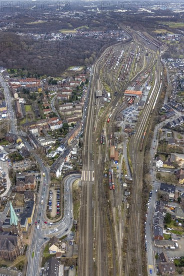 Aerial view, marshalling yard Oberhausen Osterfeld, Vondern, Oberhausen, Ruhr area, North Rhine-Westphalia, Germany, railway tracks, railway station, DE, Europe, railway tracks, aerial view, aerial photography, aerial photography, marshalling yard, overview, bird's-eye view, overview