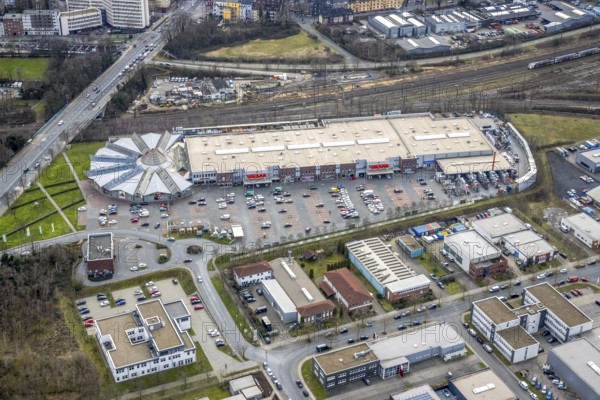 Aerial view, CentrO Oberhausen with hagebaumarkt Ziesak, Marienviertel, Oberhausen, Ruhr area, North Rhine-Westphalia, Germany, DE, shopping, shopping centre, shopping markets, shopping place, shopping mall, Europe, aerial view, aerial photography, aerial photography, shopping, shopping centre, overview, bird's-eye view, overview