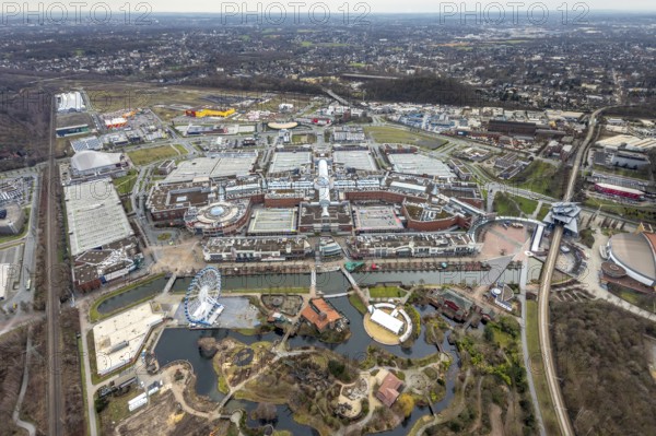 Aerial view, CentrO Oberhausen shopping centre, Borbeck, Oberhausen, Ruhr area, North Rhine-Westphalia, Germany, DE, shopping, shopping centre, shopping markets, shopping place, shopping mall, Europe, aerial view, aerial photography, aerial photography, Ferris wheel, shopping, shopping centre, overview, bird's eye view, birds-eyes view, overview