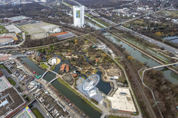 Aerial view, CentrO Oberhausen shopping centre, renovation work on the covered gasometer, Borbeck, Oberhausen, Ruhr area, North Rhine-Westphalia, Germany, DE, shopping, shopping centre, shopping markets, shopping square, shopping centre, Europe, aerial view, aerial photography, aerial photography, renovation work, Ferris wheel, shopping, shopping, shopping centre, overview, bird's-eye view, bird's-eye view, overview