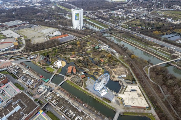 Aerial view, CentrO Oberhausen shopping centre, renovation work on the covered gasometer, Borbeck, Oberhausen, Ruhr area, North Rhine-Westphalia, Germany, DE, shopping, shopping centre, shopping markets, shopping square, shopping centre, Europe, aerial view, aerial photography, aerial photography, renovation work, Ferris wheel, shopping, shopping, shopping centre, overview, bird's-eye view, bird's-eye view, overview