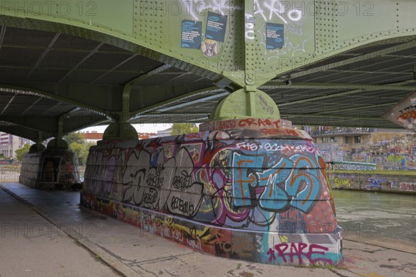 Under a bridge with graffiti on the retaining walls and a river in the background, Am Donaukanal Innere Stadt Vienna Austria