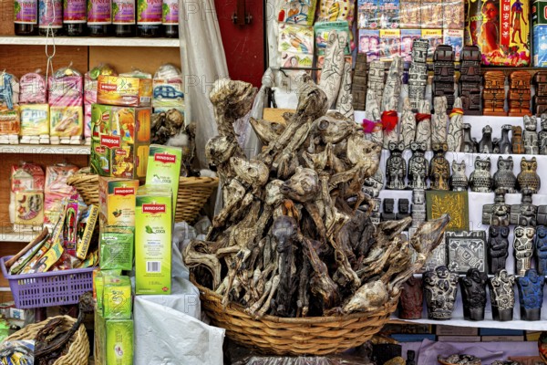 A market stall with dried animals and colourful packaging offers traditional decorative items, The witches' market in La Paz, Bolivia