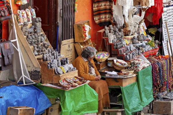 A woman in traditional dress sits at a market stall selling Andean souvenirs, the witches' market in La Paz, Bolivia