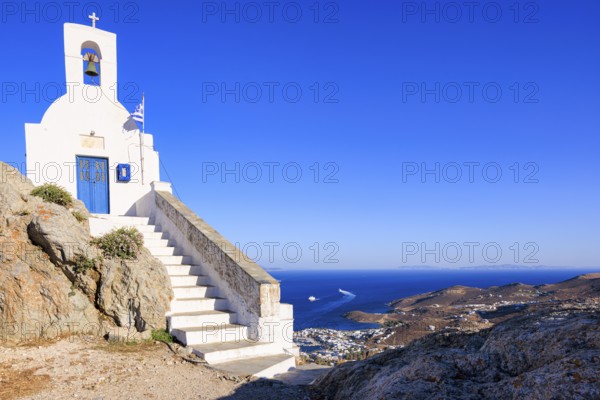 View of Agios Konstantinos church and Livadi bay in the distance, Chora, Serifos Island, Cyclades, Greek Islands, Greece