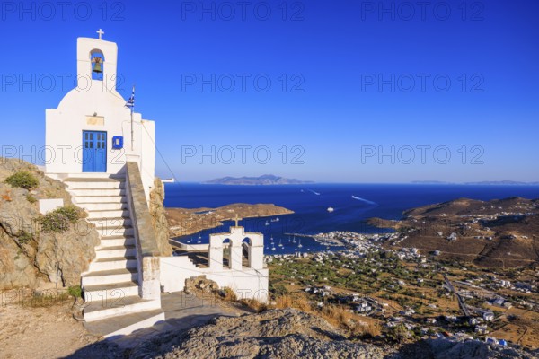 View of Agios Konstantinos church and Livadi bay in the distance, Chora, Serifos Island, Cyclades, Greek Islands, Greece