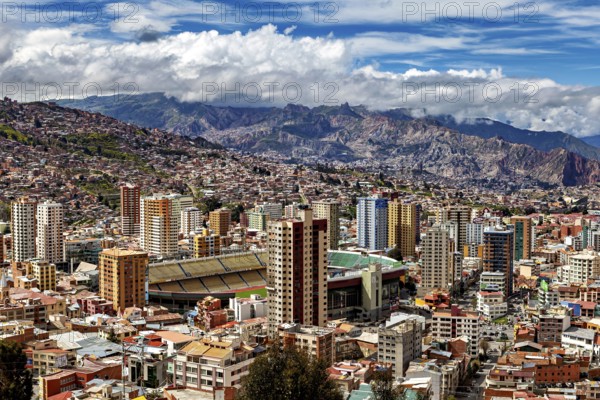 City view with skyscrapers and mountain landscape in the background, The houses and skyscrapers of the city centre of La Paz in Bolivia