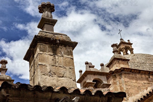 Architectural details of a church under a clear blue sky, San Fransisco Cathedral in La Paz Bolivia