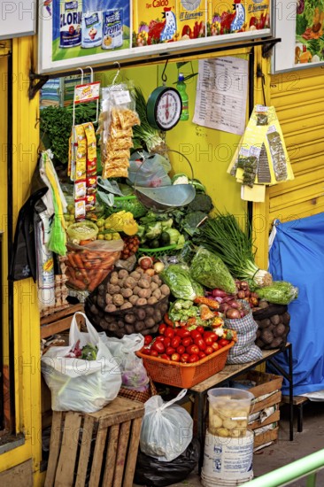 Varied vegetable stall with fresh, colourful vegetables in a balanced presentation, small shops and restaurants in the market halls of La Paz in Bolivia