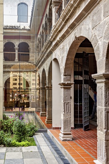 Architectural interplay of historical style with a modern touch in the inner courtyard, San Fransisco Cathedral in La Paz Bolivia