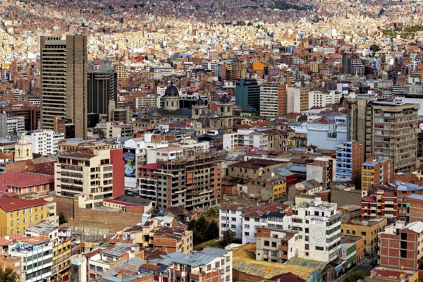 Dense development in the centre of La Paz with different architectural styles, The houses and skyscrapers of the city centre of La Paz in Bolivia