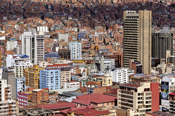 Overview of a city with numerous modern buildings, The houses and skyscrapers of the city centre of La Paz in Bolivia
