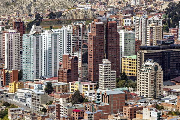 Dense arrangement of high-rise buildings in the urban landscape, The houses and skyscrapers of the city centre of La Paz in Bolivia