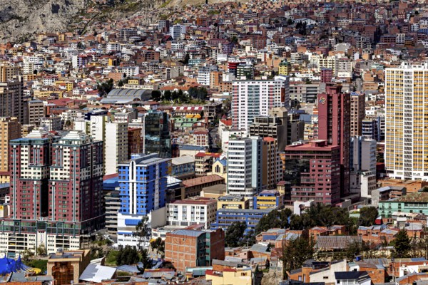View of an urban landscape with numerous modern high-rise buildings, The houses and skyscrapers of the city centre of La Paz in Bolivia