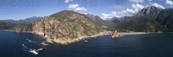 Aerial view, panorama, Capo Rosso, Gulf of Porto, Corsica, France