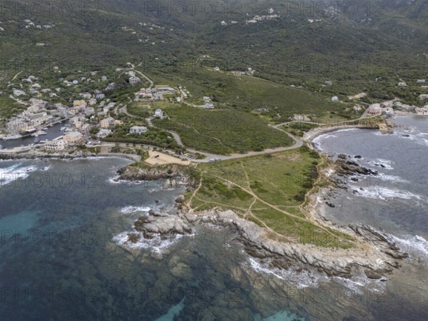 View of Centuri-Port with typical slate-roofed houses, aerial view, Corsica, France