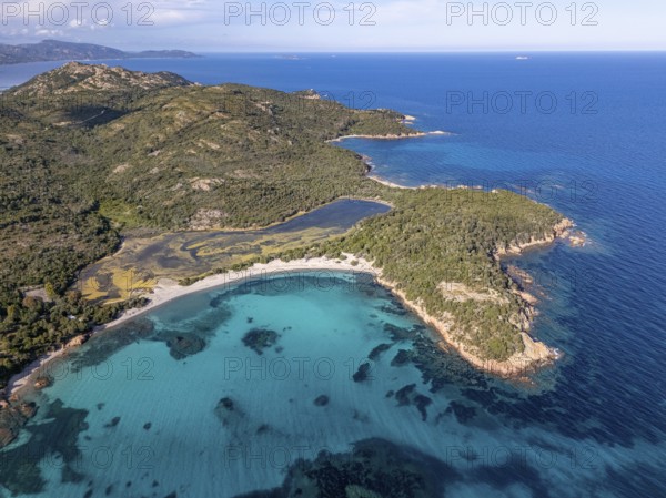 Aerial view, Plage de Rondinara, turquoise sea, sandy beach, bay, Corsica, France