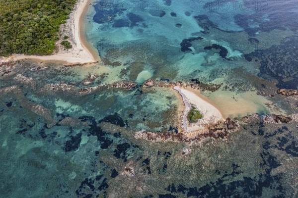 Aerial view, colourful rocks in the sea, rocky bay, Corsica, France
