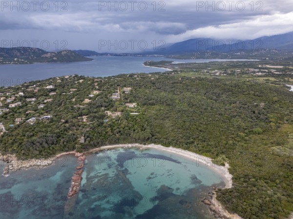 Aerial view, Plage de Rondinara, turquoise sea, sandy beach, bay, Corsica, France
