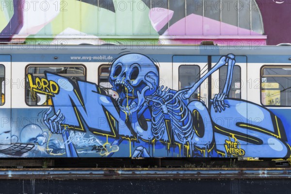 Blue skeleton graffiti art on a train with urban background, at the harbour of Linz Upper Austria Austria