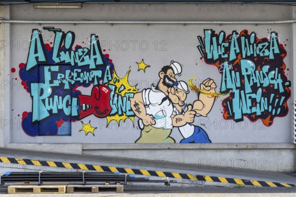 Colourful comic-style graffiti with fighting characters and lettering, at the port of Linz Upper Austria Austria