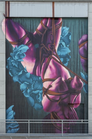 Colourful depiction of a body decoratively wrapped with flowers and ribbons, at the port of Linz, Upper Austria Austria