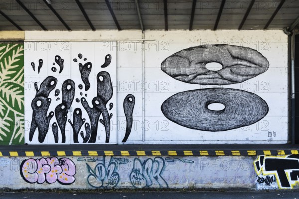 Abstract shapes and graphic patterns in black and white on a wall, at the harbour in Linz, Upper Austria Austria