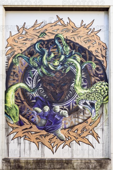 Mythical motif with Medusa and several snakes in a circular design, at Linz harbour Upper Austria Austria