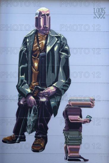 Distorted portraits of a standing and a seated person as modern wall art, at Linz harbour Upper Austria Austria