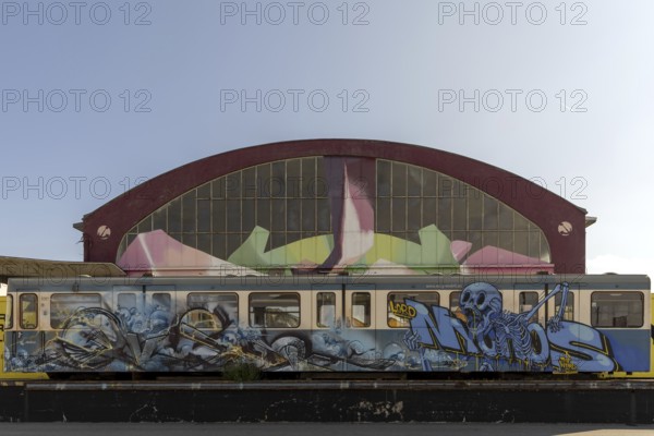 Skeleton graffiti on a train in front of a large building with a colourful facade, at the port of Linz Upper Austria Austria