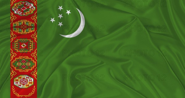 Flag of Turkmenistan with cloth texture. Close up of Turkmenistan flag waving