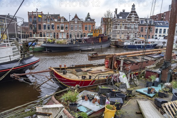 Houseboats on a canal in Groningen, Netherlands