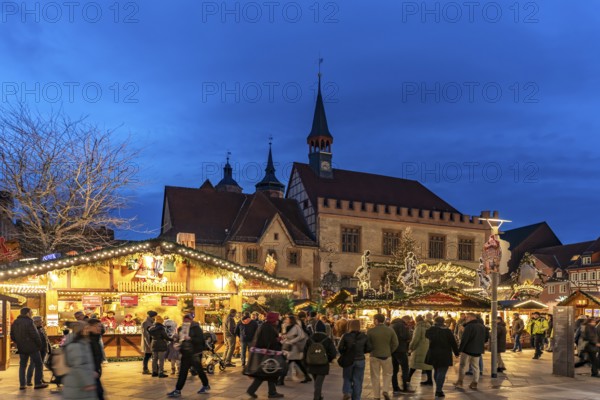 Christmas market in front of the Old Town Hall at dusk, Göttingen, Lower Saxony, Germany