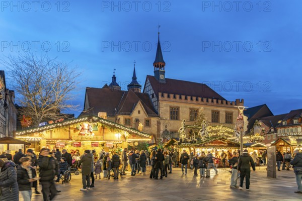 Christmas market in front of the Old Town Hall at dusk, Göttingen, Lower Saxony, Germany