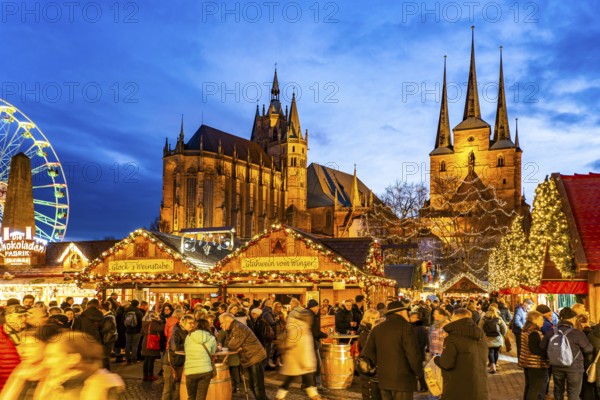 Christmas market in front of Erfurt Cathedral and the Severi Church on Cathedral Square in the historic city centre of Erfurt at dusk, Thuringia, Germany
