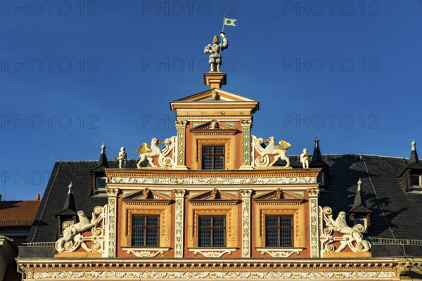 Gable of the Haus zum Breiten Herd at the fish market in Erfurt, Thuringia, Germany