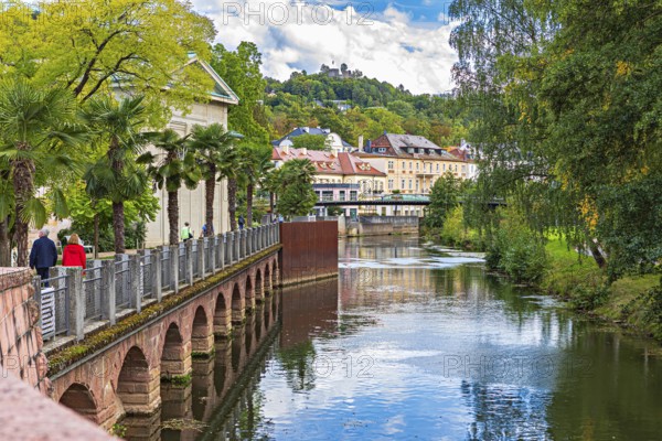 Promenade and arcade footbridge on the Franconian Saale in Bad Kissingen, Bavaria, Germany