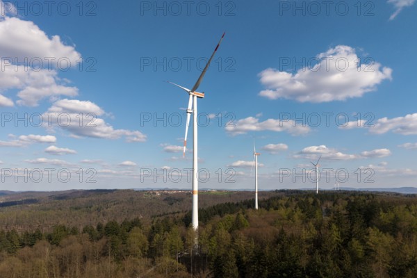 Natural landscape with wind turbines and soft clouds, maintenance work, repair, near Schorndorf im Remstal, Baden-Württemberg, Germany