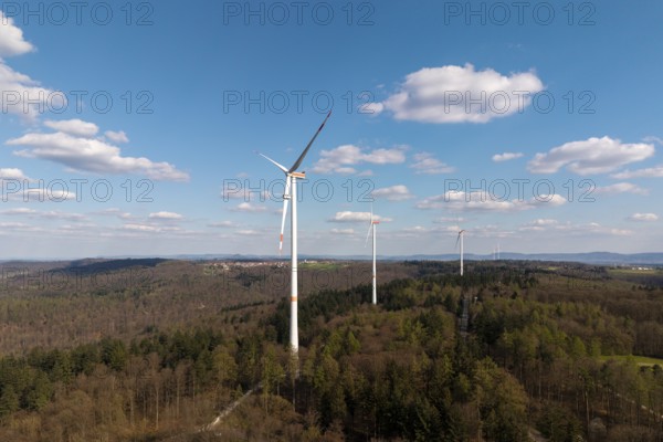 Green landscape with wind turbines and slightly cloudy sky, maintenance work, repair, near Schorndorf im Remstal, Baden-Württemberg, Germany