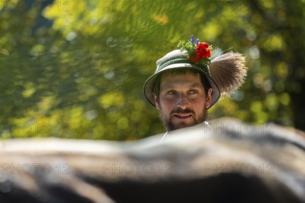 Cattle drive, herdsman, portrait, felt hat, chamois beard, traditional traditional costume, Oberstdorf, Oberallgäu, Allgäu Alps, Bavaria, Germany