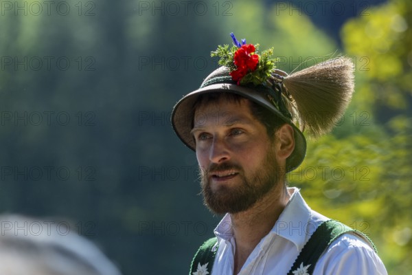 Cattle drive, herdsman, portrait, felt hat, chamois beard, traditional traditional costume, Oberstdorf, Oberallgäu, Allgäu Alps, Bavaria, Germany
